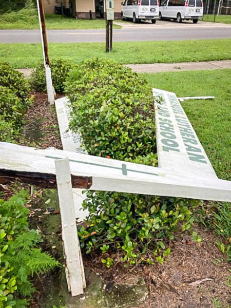 church sign of Immanuel of Winter Haven, blown over by Hurricane Ian