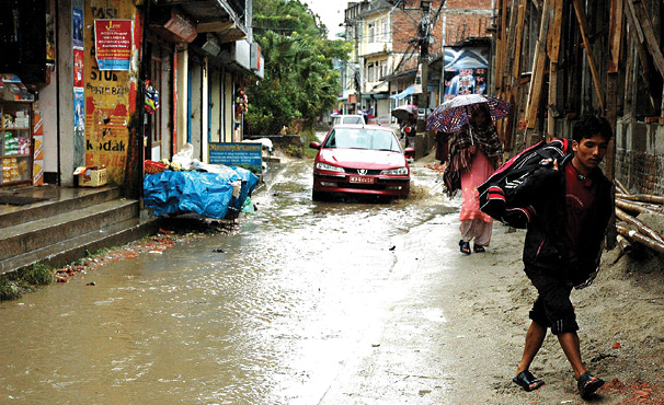 Kathmandu street during the monsoons.